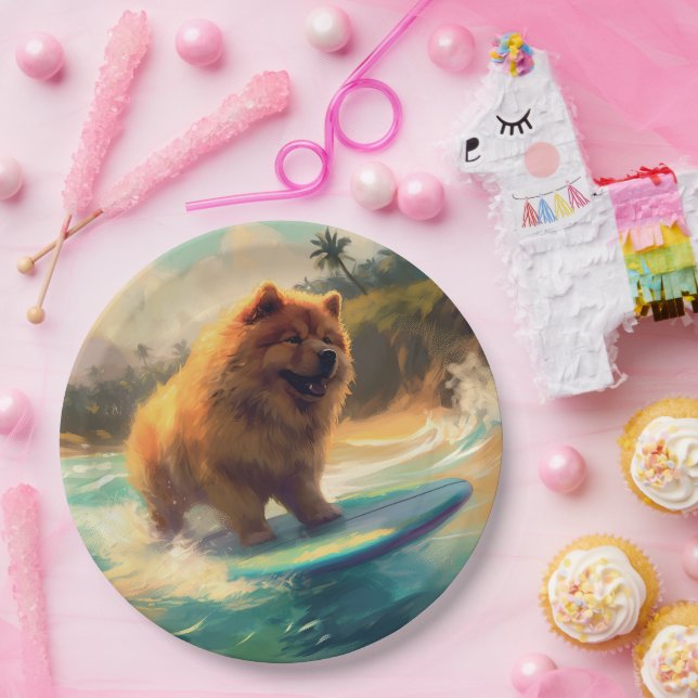 Chow Chow Beach Surfing Painting Paper Plate (Party)