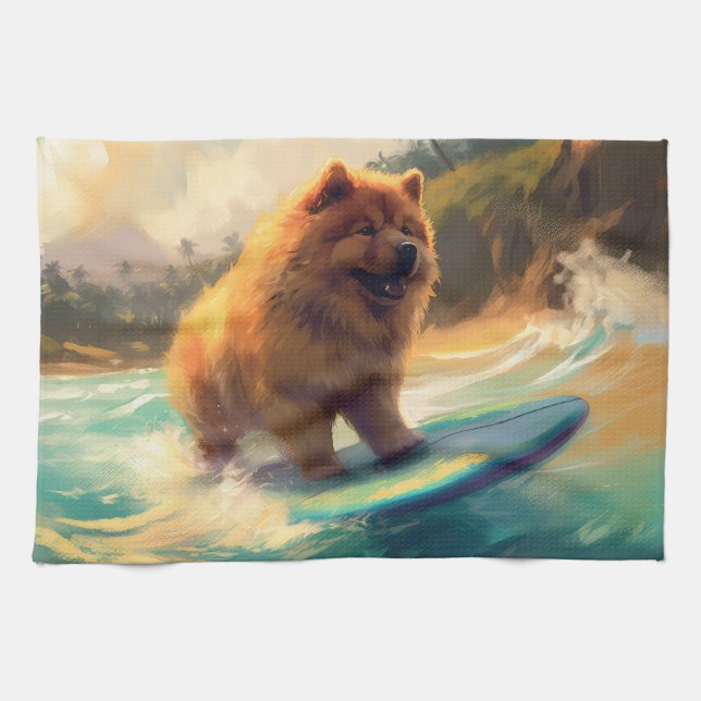 Chow Chow Beach Surfing Painting Tea Towel (Horizontal)