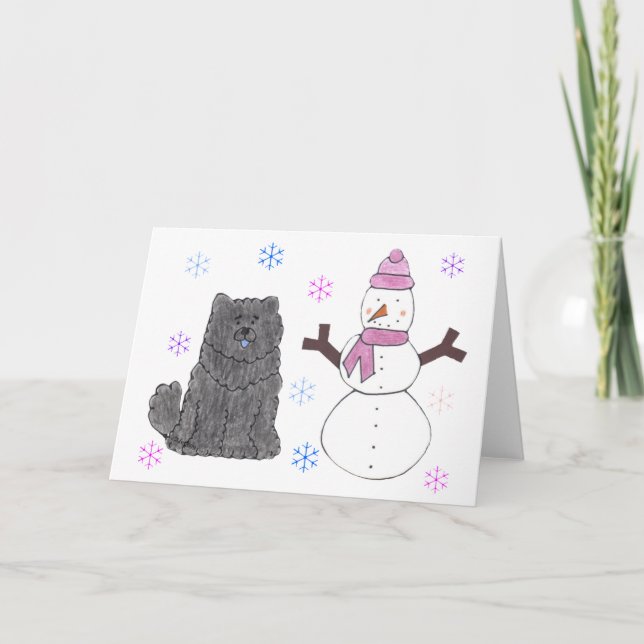 Chow Chow Black & Snowman Holiday Card (Front)