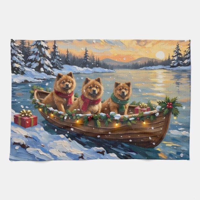 Chow Chow Christmas Boat Holiday Tea Towel (Horizontal)