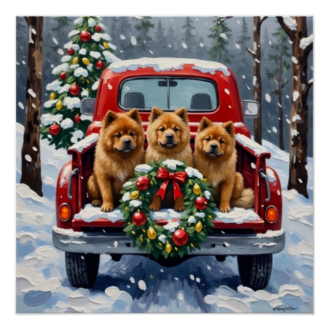 Chow Chow Christmas Red Truck Holiday Poster (Front)