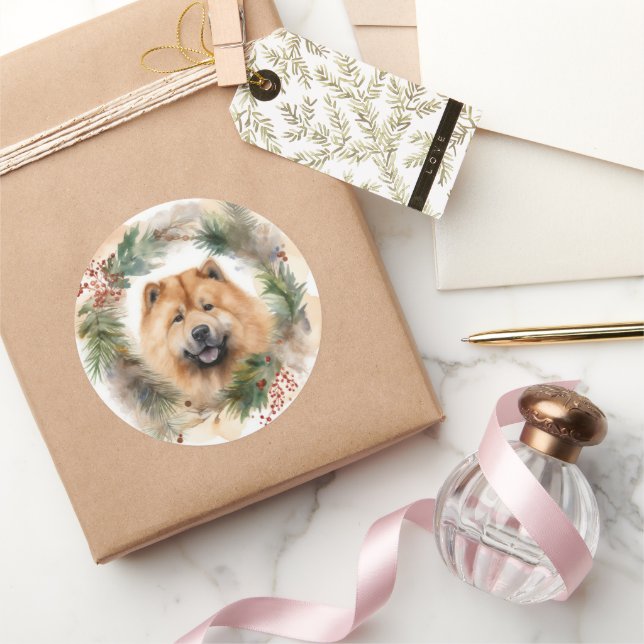 chow chow Christmas Wreath Festive Pup  Classic Round Sticker (Gifting)