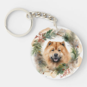 chow chow Christmas Wreath Festive Pup  Key Ring