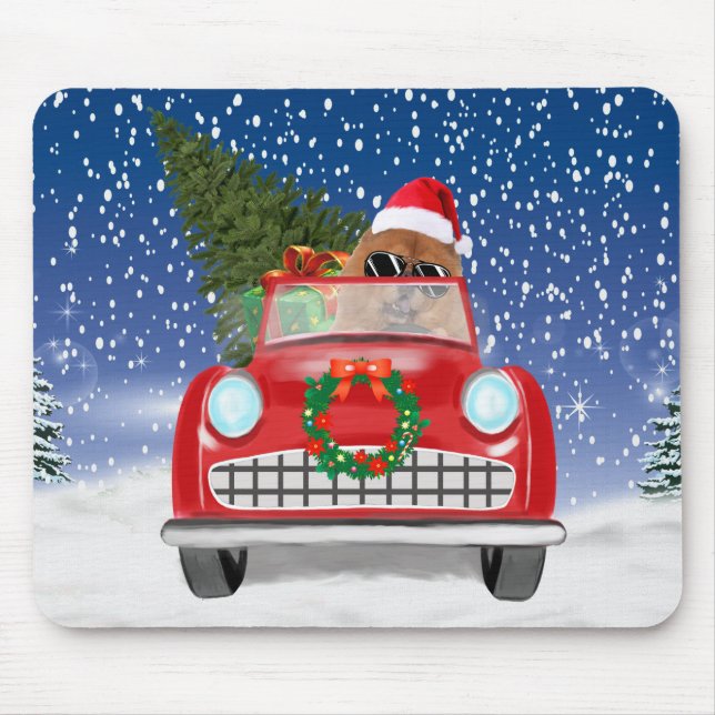 Chow Chow Dog Driving Car In Snow  Throw Pillow Mouse Mat (Front)