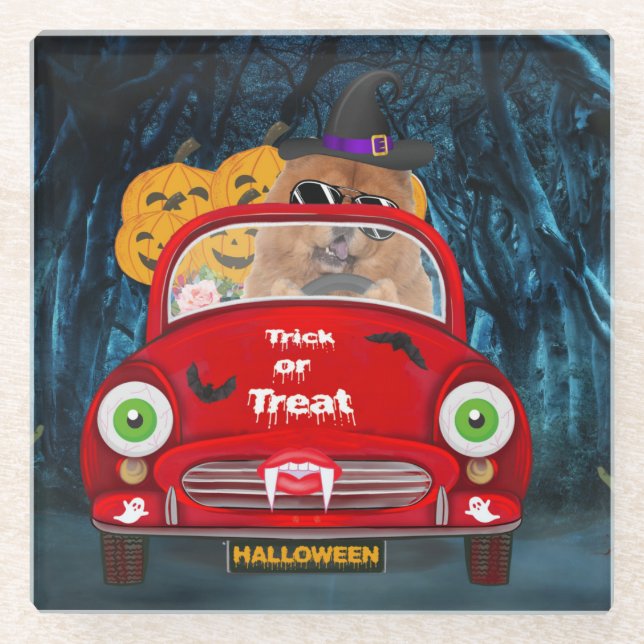 Chow Chow Dog Driving Car Scary Halloween  Glass Coaster (Front)