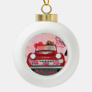 Chow Chow Dog Driving Car with Hearts Valentine's Ceramic Ball Christmas Ornament