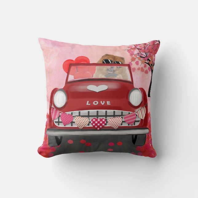 Chow Chow Dog Driving Car with Hearts Valentine's Cushion (Front)