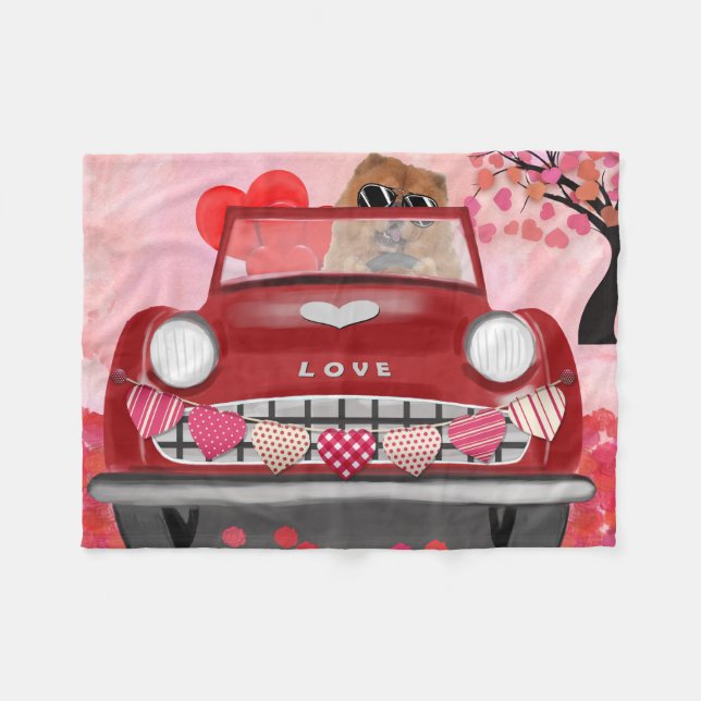 Chow Chow Dog Driving Car with Hearts Valentine's  Fleece Blanket (Front (Horizontal))