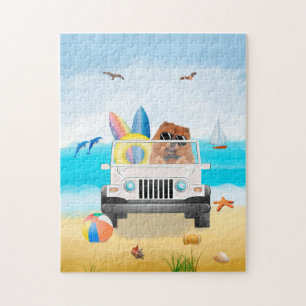 chow chow Dog Driving on Beach  Jigsaw Puzzle
