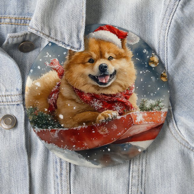 Chow Chow Dog in Sledge Let it Snow Christmas 6 Cm Round Badge (In Situ)