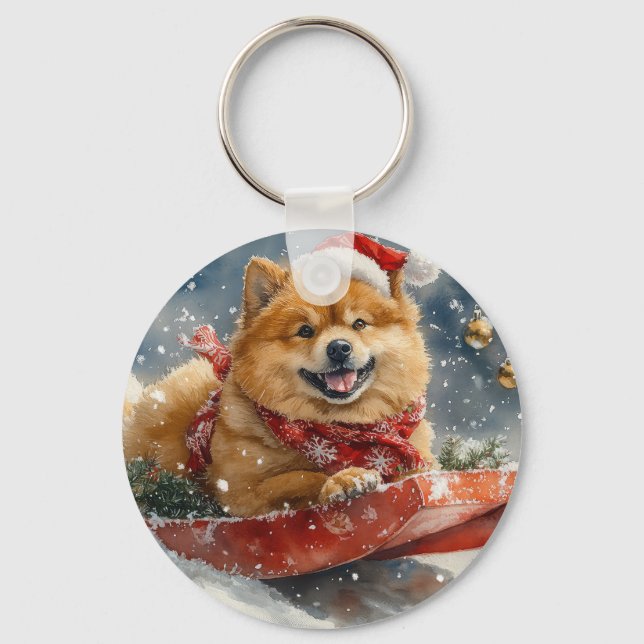 Chow Chow Dog in Sledge Let it Snow Christmas Key Ring (Front)