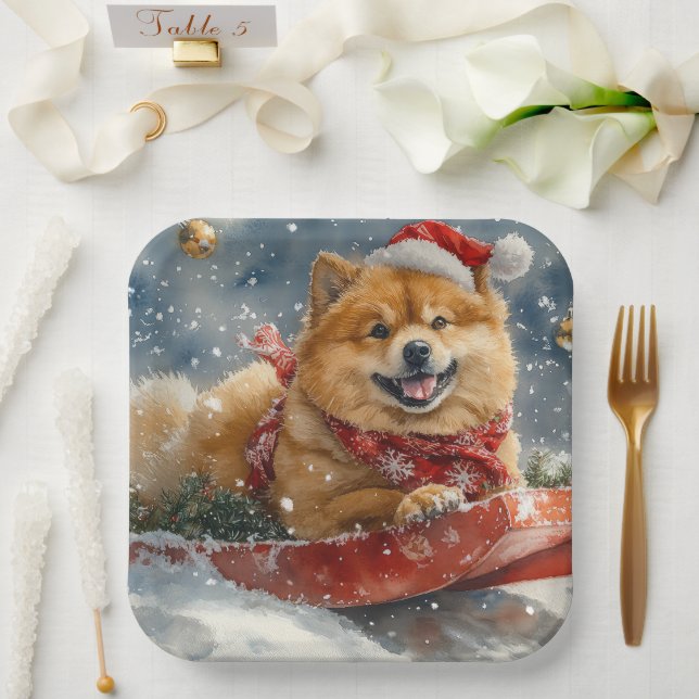 Chow Chow Dog in Sledge Let it Snow Christmas Paper Plate (Wedding)
