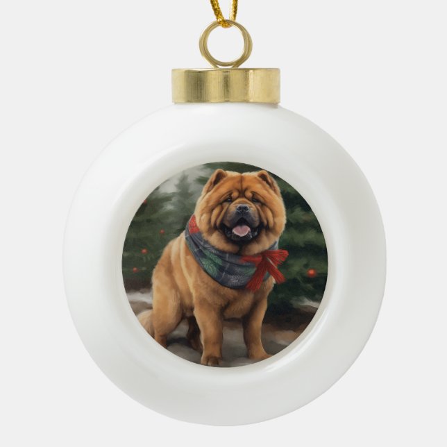 Chow Chow Dog in Snow Christmas Ceramic Ball Christmas Ornament (Front)