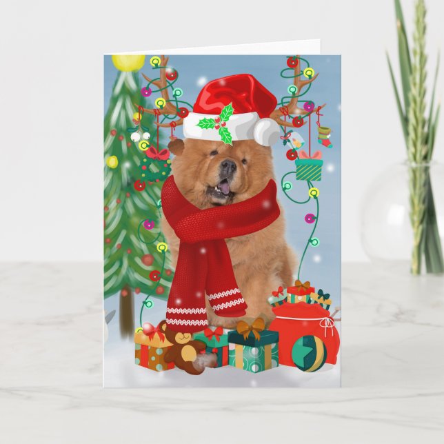 Chow Chow Dog in Snow with Christmas Gifts  Card (Front)