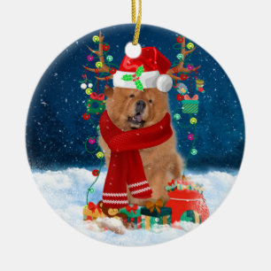 Chow Chow Dog in Snow with Christmas Gifts Ceramic Tree Decoration