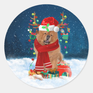 Chow Chow Dog in Snow with Christmas Gifts  Classic Round Sticker