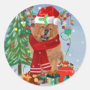 Chow Chow Dog in Snow with Christmas Gifts Classic Round Sticker
