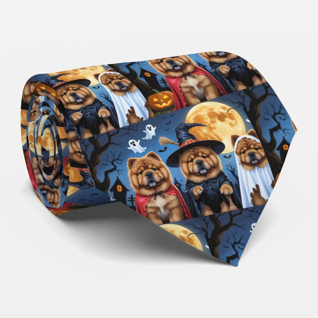 Chow Chow Dog Pumpkin Halloween Funny  Tie (Rolled)
