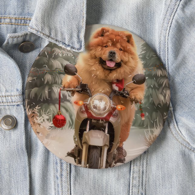 Chow Chow Dog Riding Motorcycle Christmas 6 Cm Round Badge (In Situ)