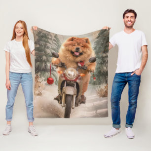 Chow Chow Dog Riding Motorcycle Christmas Fleece Blanket