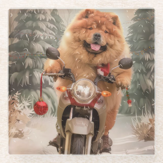 Chow Chow Dog Riding Motorcycle Christmas Glass Coaster (Front)