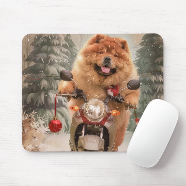 Chow Chow Dog Riding Motorcycle Christmas Mouse Mat (With Mouse)