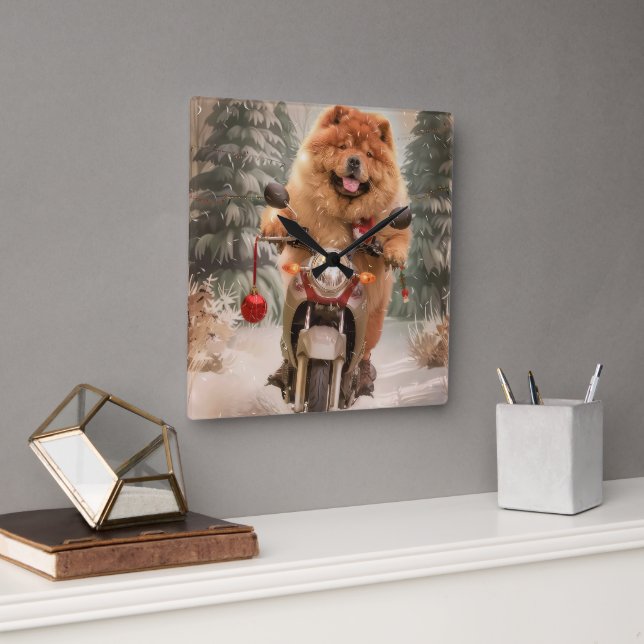 Chow Chow Dog Riding Motorcycle Christmas Square Wall Clock (Office)