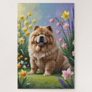 Chow Chow Dog Spring Flowers Painting  Jigsaw Puzzle