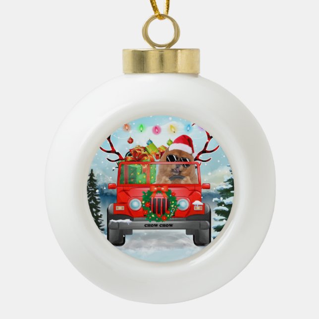 Chow Chow dog with Christmas gifts Ceramic Ball Christmas Ornament (Front)