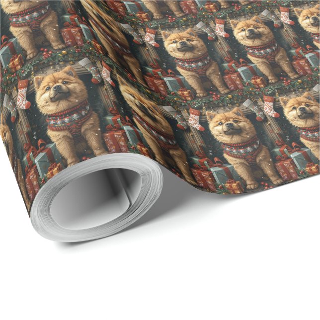 Chow Chow Dog With Christmas Gifts Fireplace Wrapping Paper (Roll Corner)