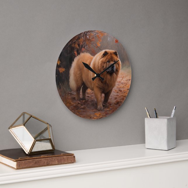Chow Chow in Autumn Leaves Fall Inspire  Large Clock (Office)