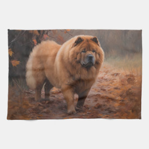 Chow Chow in Autumn Leaves Fall Inspire Tea Towel
