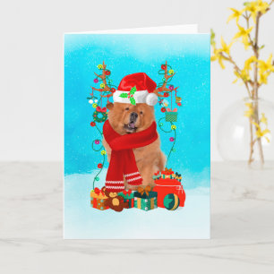 Chow Chow in snow with Christmas gifts Card