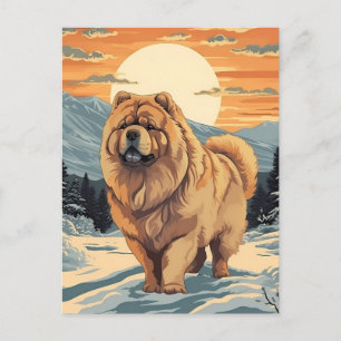 Chow Chow in the snowy mountains during sunset Postcard