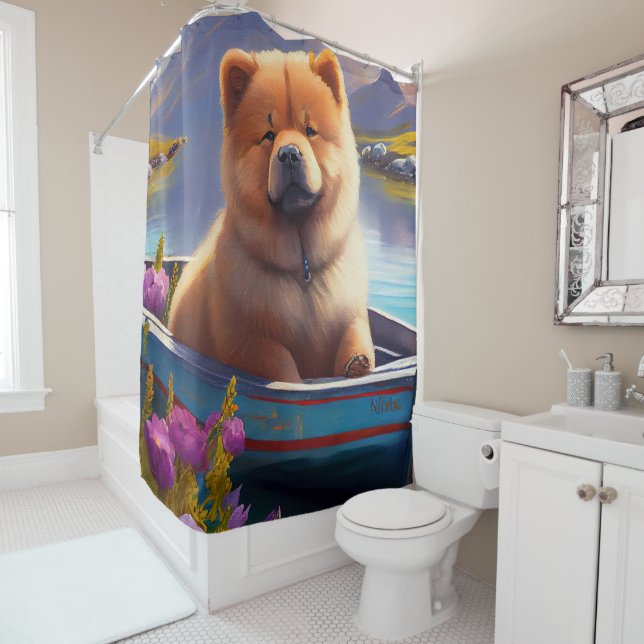 Chow Chow on a Paddle: A Scenic Adventure Shower Curtain (In Situ)