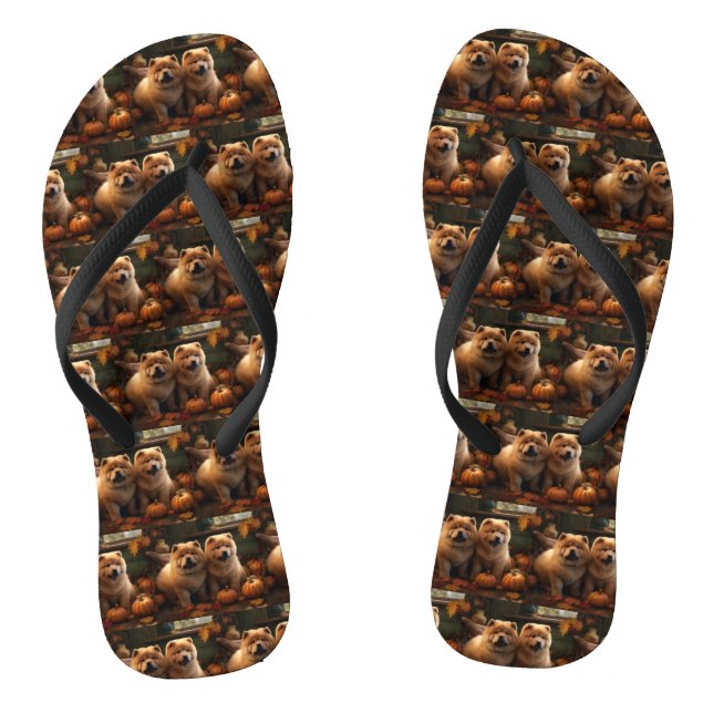 Chow Chow Puppy Autumn Delight Pumpkin Flip Flops (Footbed)