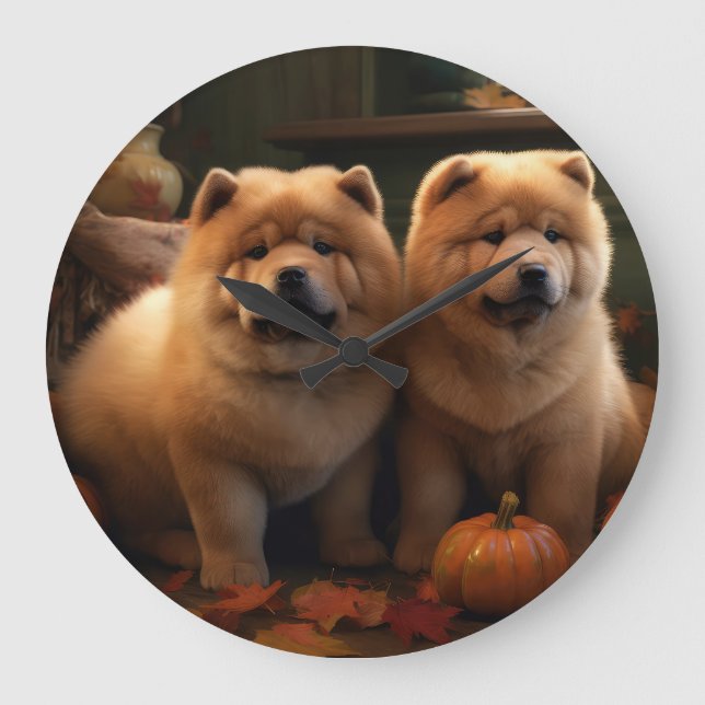Chow Chow Puppy Autumn Delight Pumpkin Large Clock (Front)