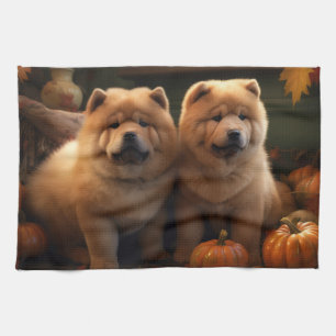 Chow Chow Puppy Autumn Delight Pumpkin Tea Towel