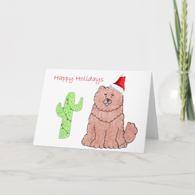 Chow Chow Red Cactus Christmas Holiday Card (Front)