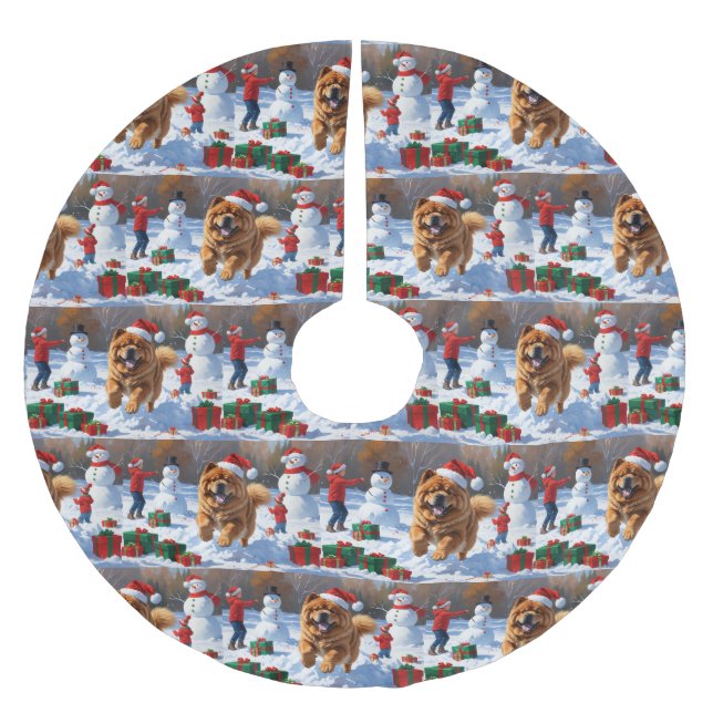 Chow Chow Running in Snow with Christmas Hat Brushed Polyester Tree Skirt (Front)