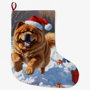 Chow Chow Running in Snow with Christmas Hat Large Christmas Stocking