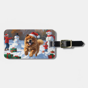 Chow Chow Running in Snow with Christmas Hat Luggage Tag