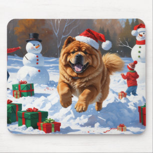 Chow Chow Running in Snow with Christmas Hat Mouse Mat