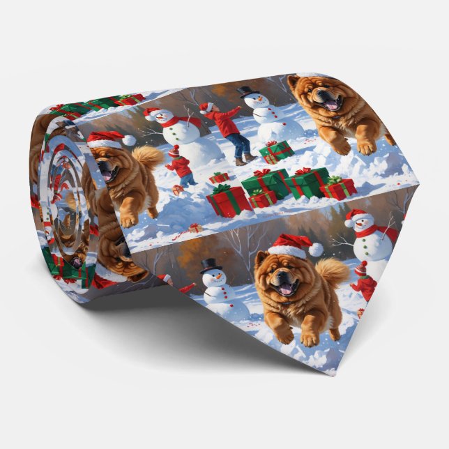 Chow Chow Running in Snow with Christmas Hat Tie (Rolled)
