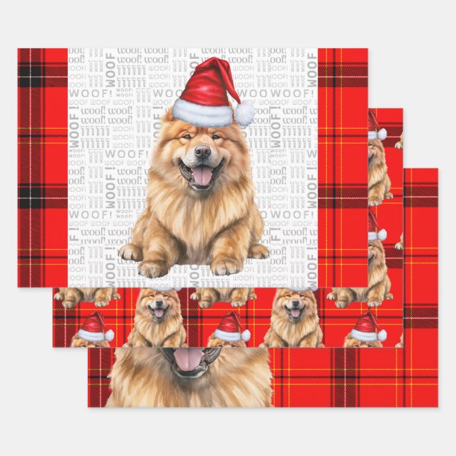 Chow Chow Santa dog on Red Plaid Christmas Wrapping Paper Sheet (Set)