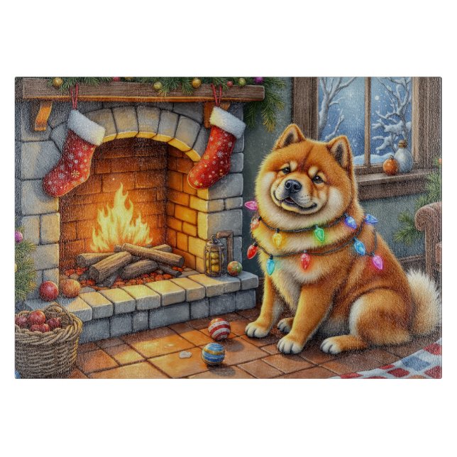 Chow Chow Sitting Fireplace with Christmas Lights Cutting Board (Front)