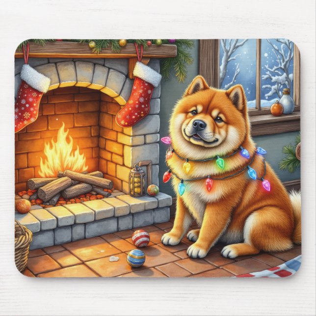 Chow Chow Sitting Fireplace with Christmas Lights Mouse Mat (Front)