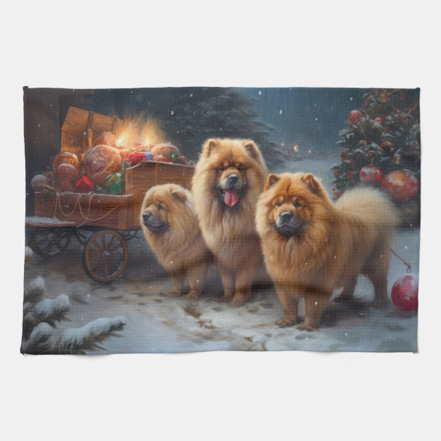Chow Chow Snowy Sleigh Christmas Decor Tea Towel (Horizontal)
