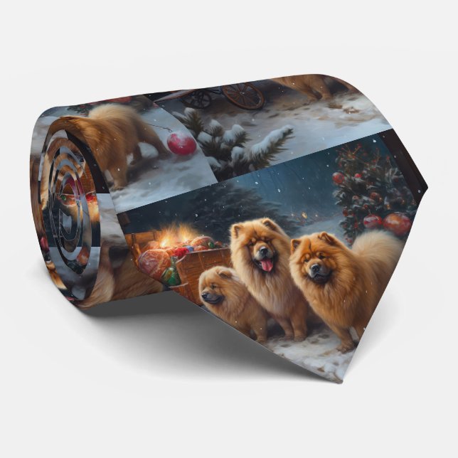 Chow Chow Snowy Sleigh Christmas Decor Tie (Rolled)