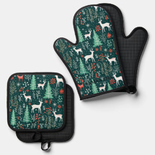 Chrestmas Theme Pattern Deer & Trees Oven Mitt & Pot Holder Set